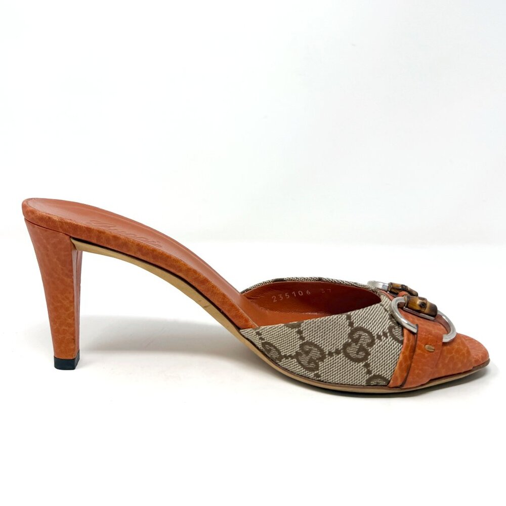 Gucci Horsebit Mules GG Canvas Leather Bamboo Heels Size 37 Italy - Picture 3 of 7